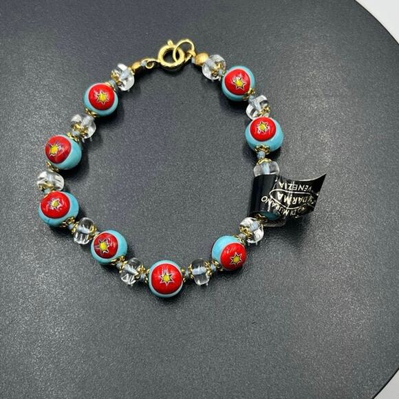 Darma Veiro Murano Venezia Italian 
Blue Red Glass Yellow Star Bracelet New - Picture 4 of 6